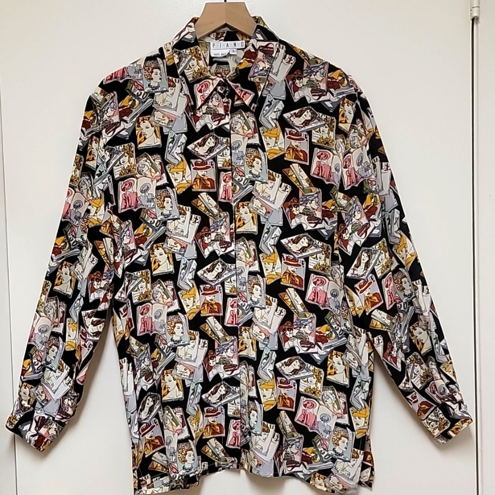 📍RARE | Vintage P.I.A.N.O Vogue Magazine Cover Print Silk Blouse - Picture 3 of 16